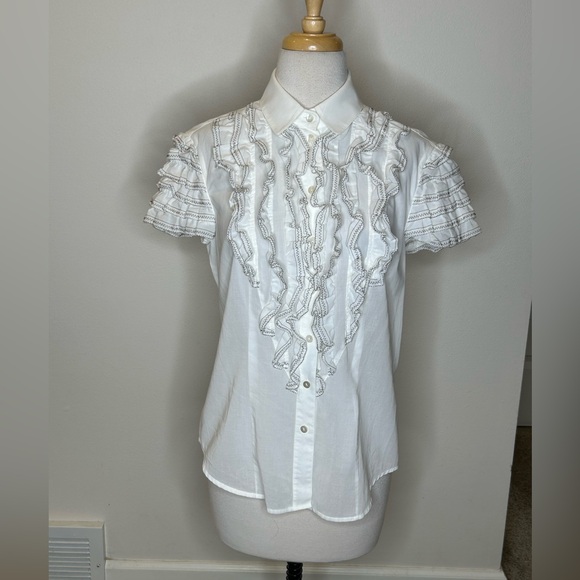 Escada Elegant White Ruffle Blouse Size 38 Cotton 8 EUC - Picture 1 of 10